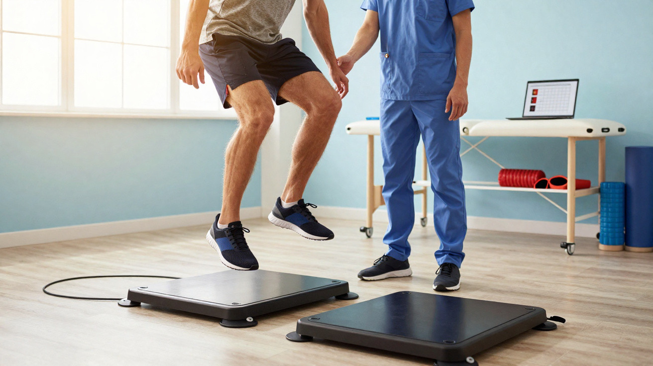 Homem realizando exercício de salto guiado por profissional de saúde em clínica de fisioterapia.