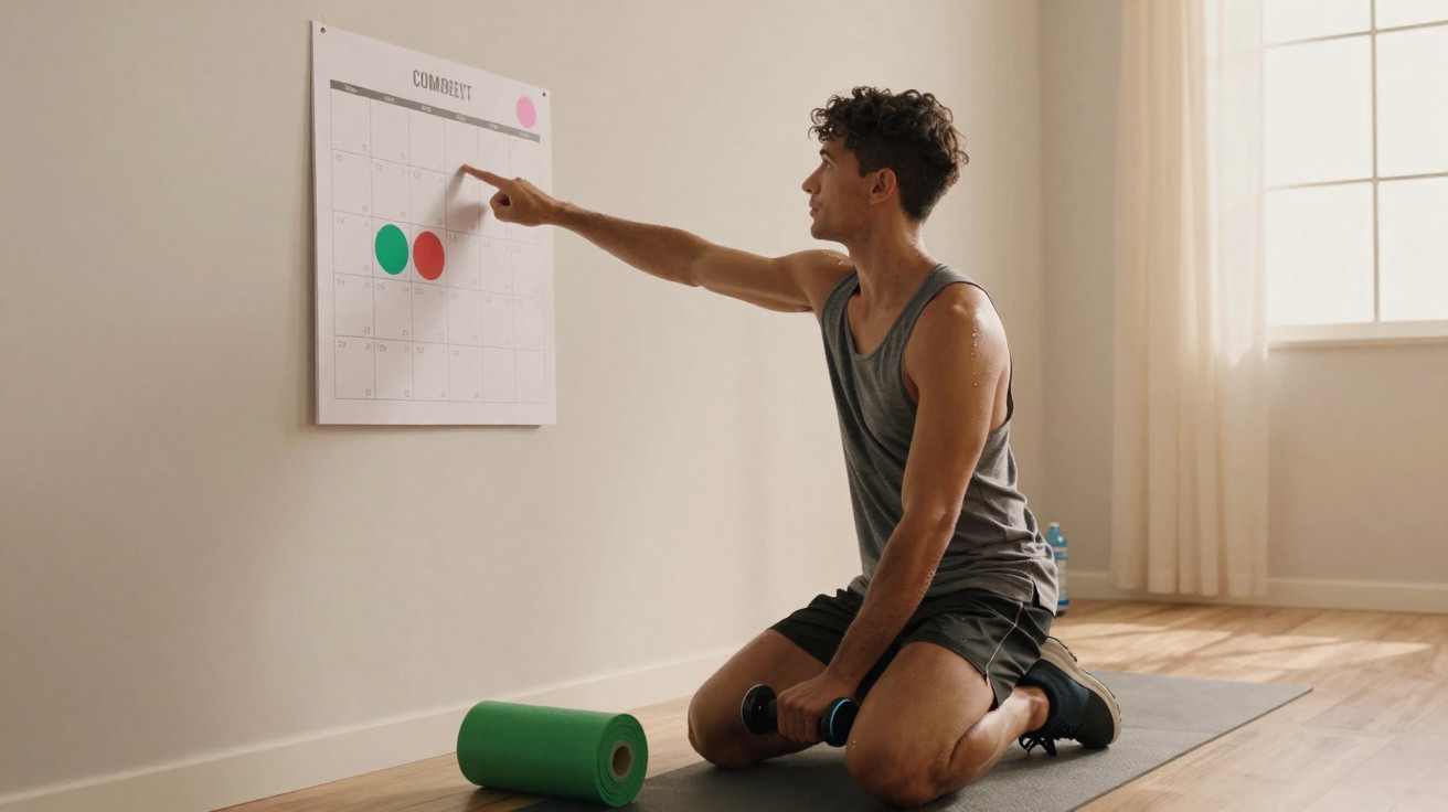 Homem em roupa de treino sentado no chão apontando para um calendário na parede, com halteres e tapete de yoga.