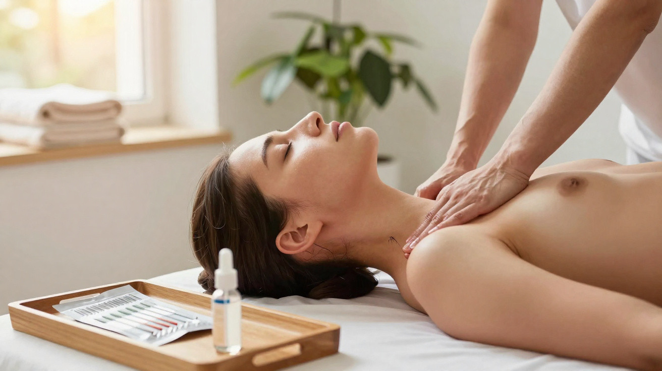 Mulher recebendo massagem terapêutica no ombro enquanto está deitada em ambiente tranquilo e iluminado.