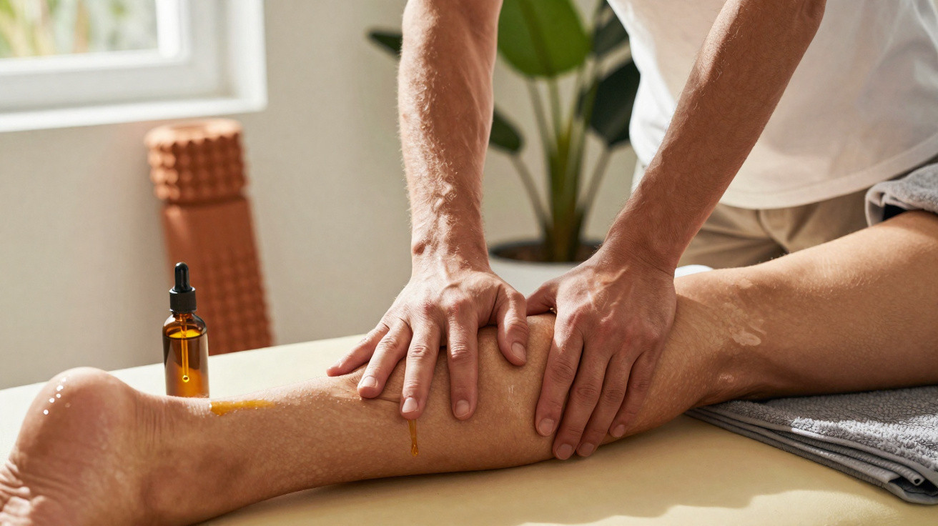 Pessoa recebendo massagem na perna com óleo em ambiente claro e relaxante.