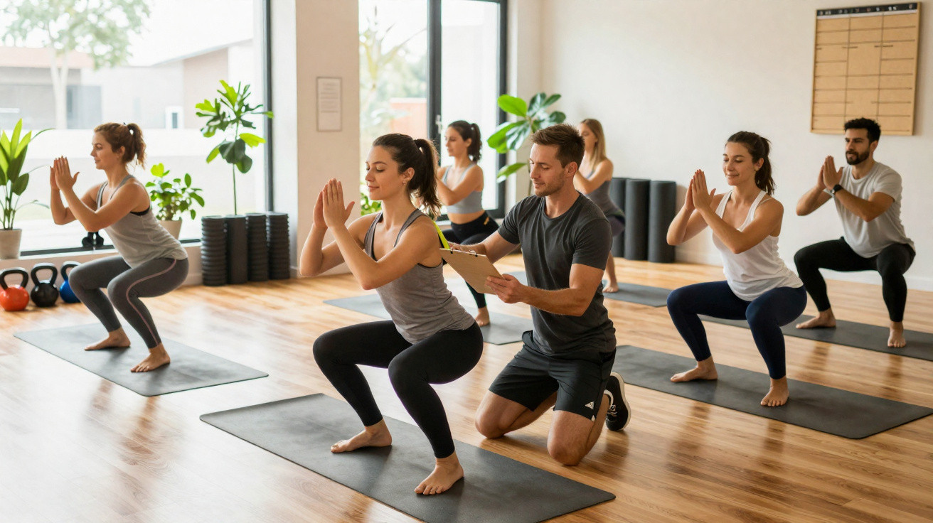 Grupo de pessoas praticando yoga com instrutor em estúdio claro e arejado.