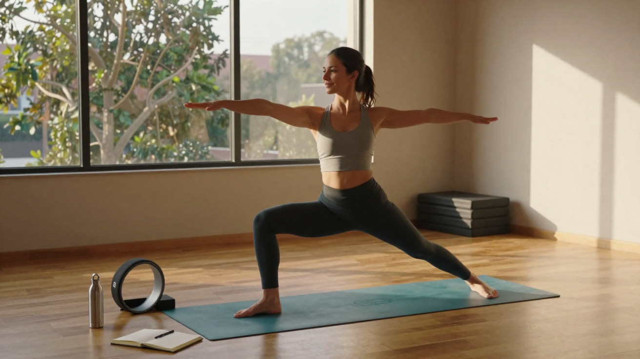 Mulher praticando yoga em pose guerreiro em sala iluminada, com tapete e acessórios ao lado.