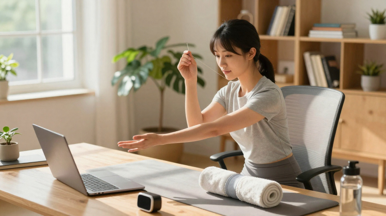 Mulher se alongando no escritório em frente a laptop, com toalha e garrafa sobre a mesa.