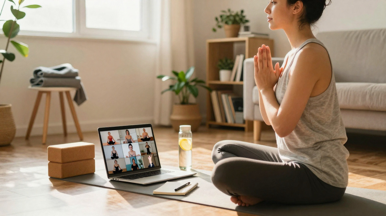 Mulher meditando em casa com aula de yoga online, sentada no tapete, de olhos fechados e mãos unidas.