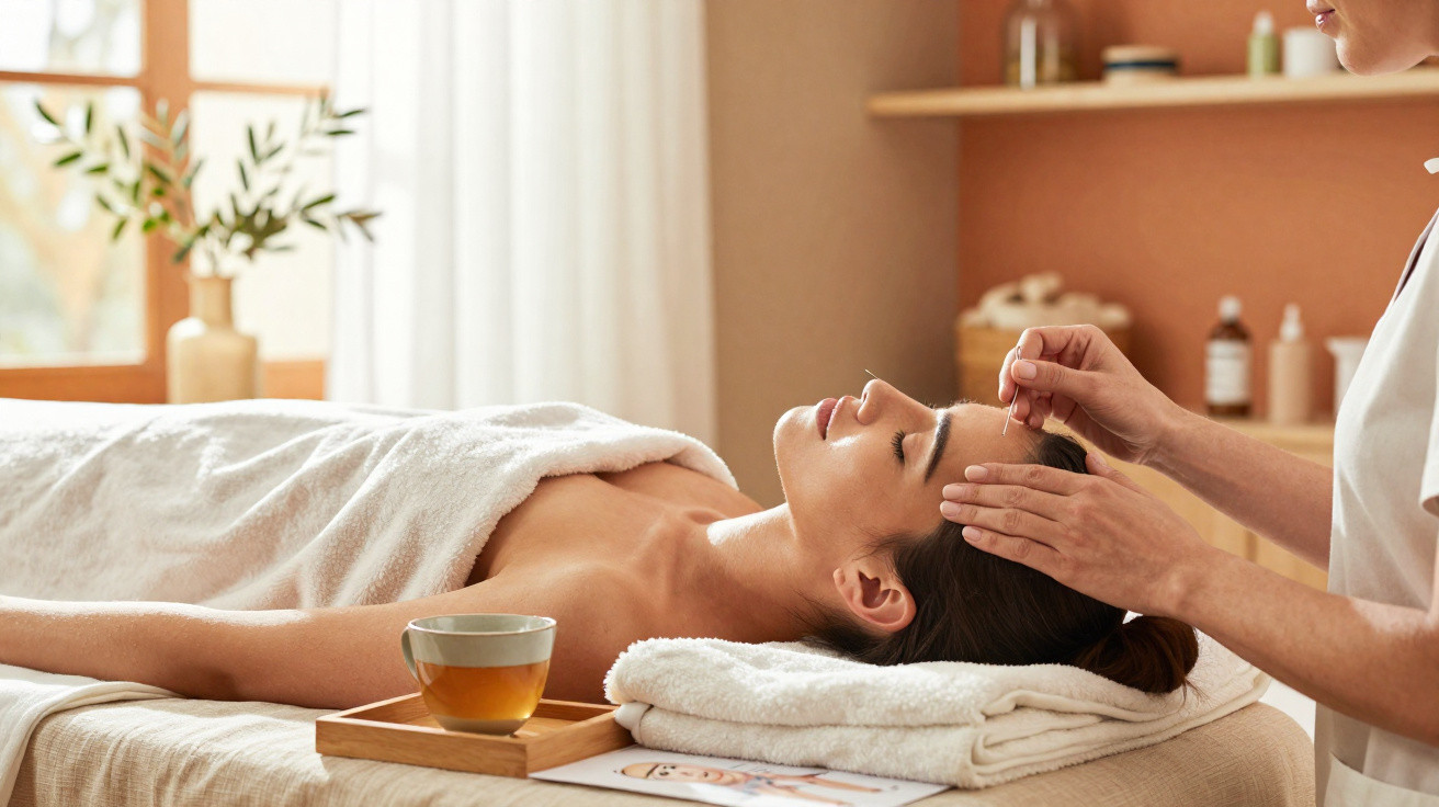 Mulher recebendo tratamento facial em spa, deitada com toalha branca, ambiente tranquilo e aconchegante.