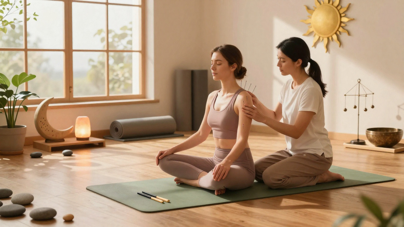 Mulher recebendo tratamento de acupuntura em ambiente tranquilo com decoração zen e luz natural.