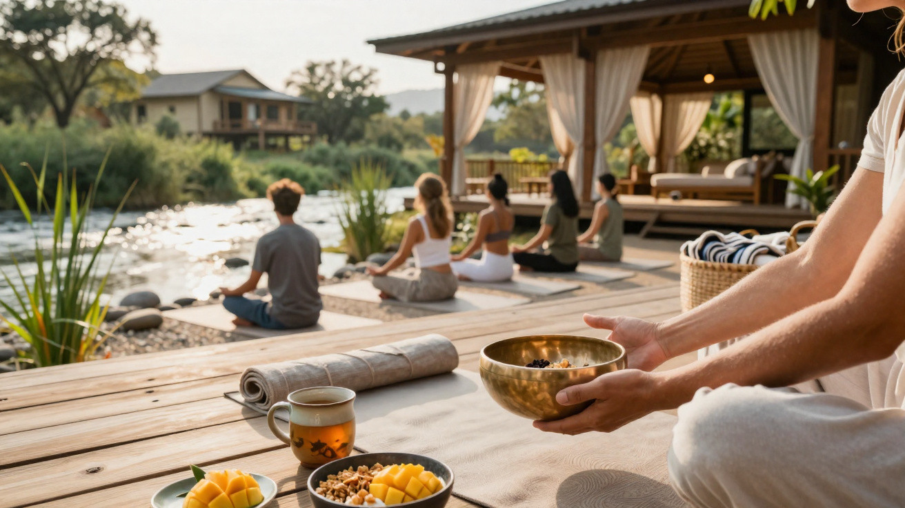 Grupo meditando ao ar livre próximo a um lago com frutas e chá em primeiro plano.