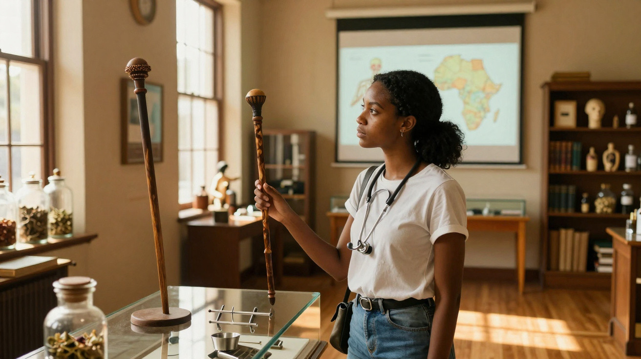 Jovem mulher observa bastão em museu com mapa da África projetado ao fundo.