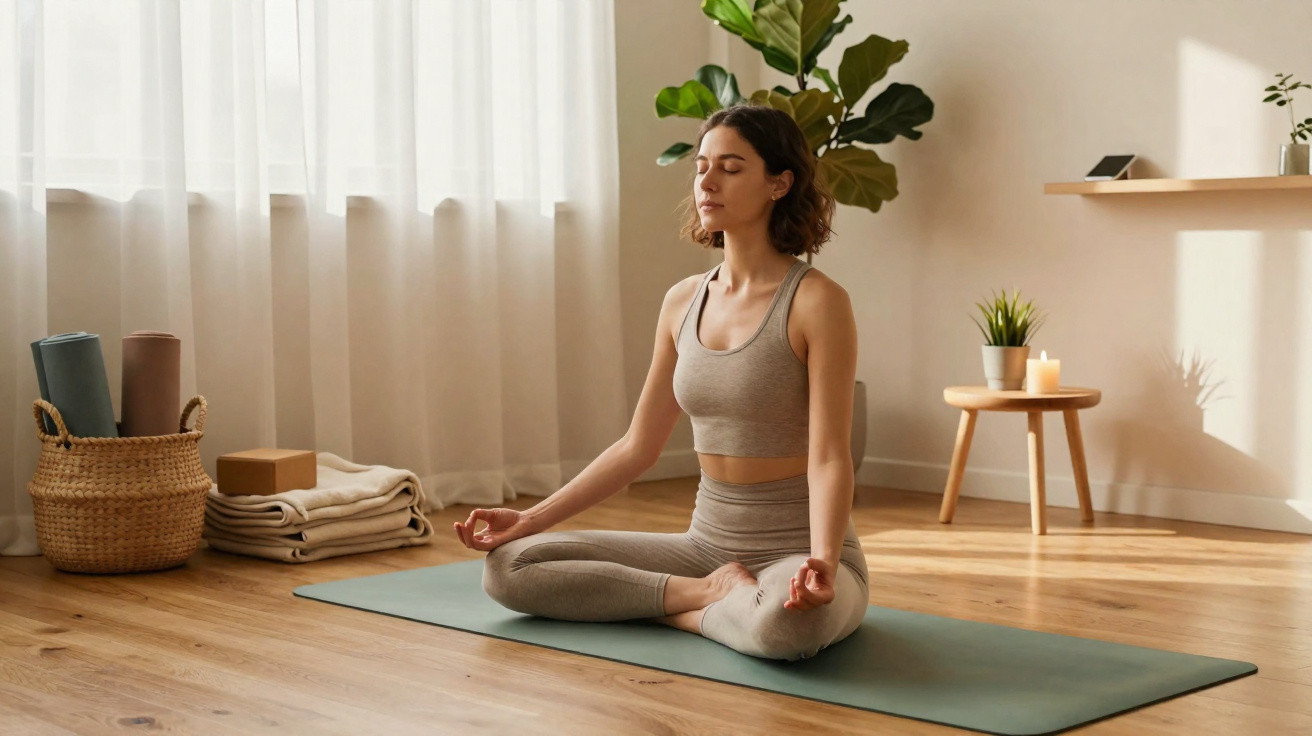 Mulher sentada em tapete de yoga meditando com as pernas cruzadas em ambiente iluminado e tranquilo.