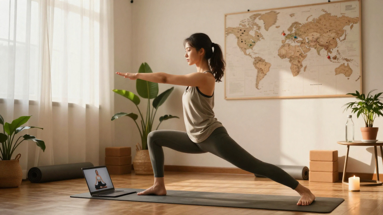 Mulher jovem praticando yoga em pose de alongamento em sala iluminada com plantas e mapa na parede.