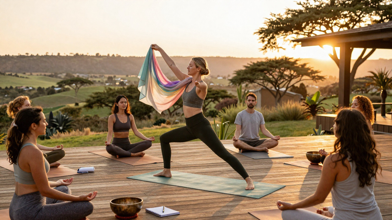 Grupo praticando yoga ao ar livre durante o pôr do sol em deck de madeira com vista para a natureza.