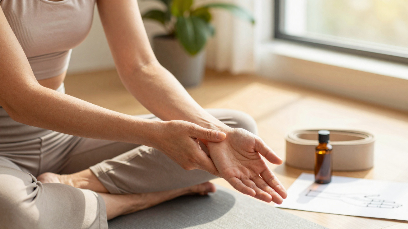 Pessoa sentada em tapete de yoga massageando o pulso com frasco e cinto de yoga ao lado.