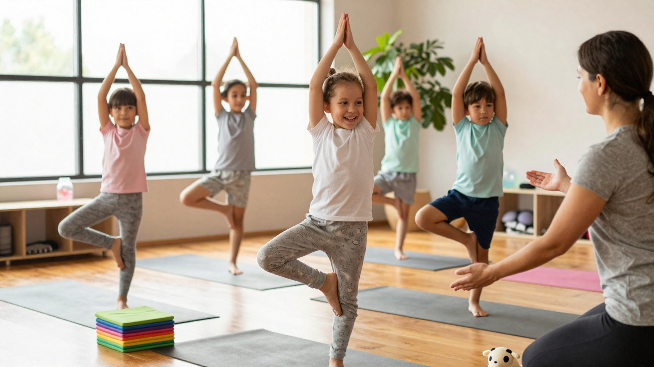 Crianças praticando yoga em estúdio, guiadas por professora, todas em pose de árvore com braços levantados.