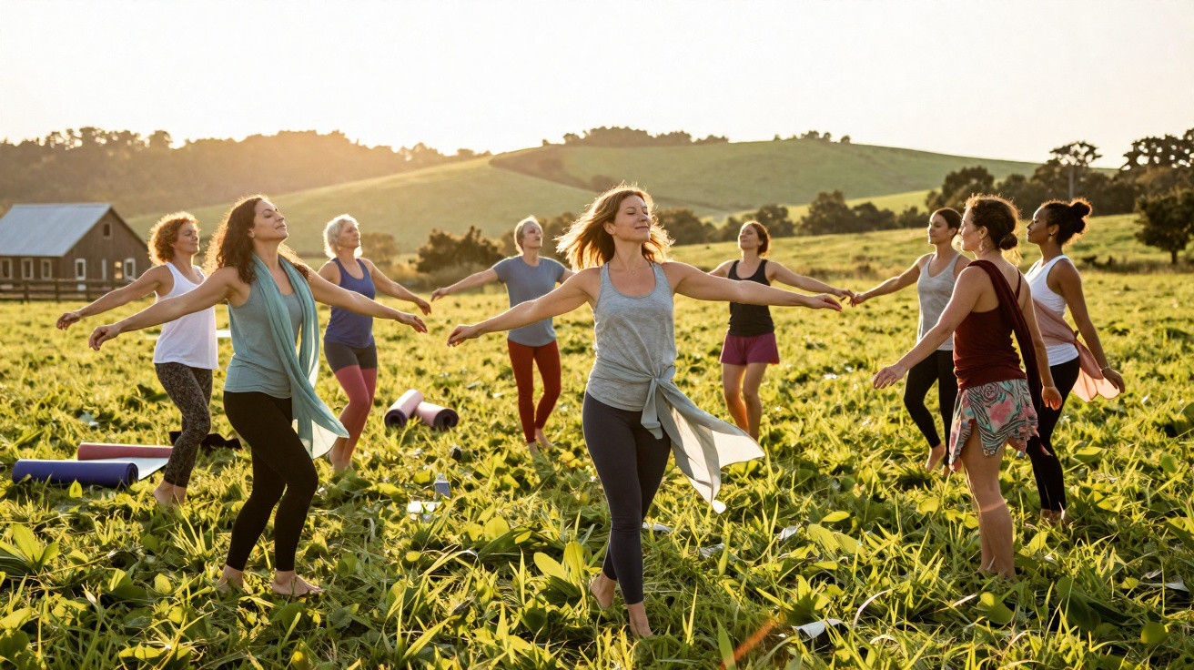 Grupo de mulheres praticando ioga em círculo na natureza ao pôr do sol.