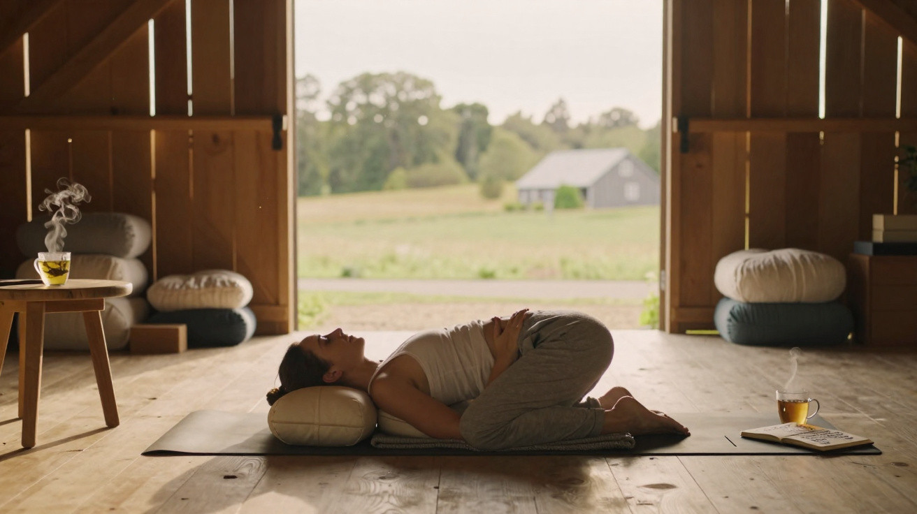 Mulher praticando yoga relaxante em sala de madeira com vista para campo e casa ao fundo.