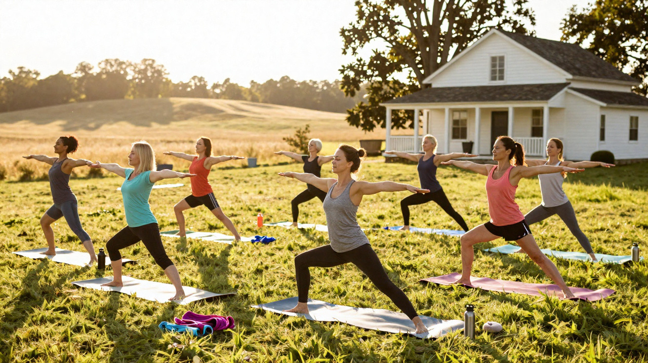 Grupo de mulheres praticando yoga ao ar livre em gramado próximo a casa branca ensolarada.