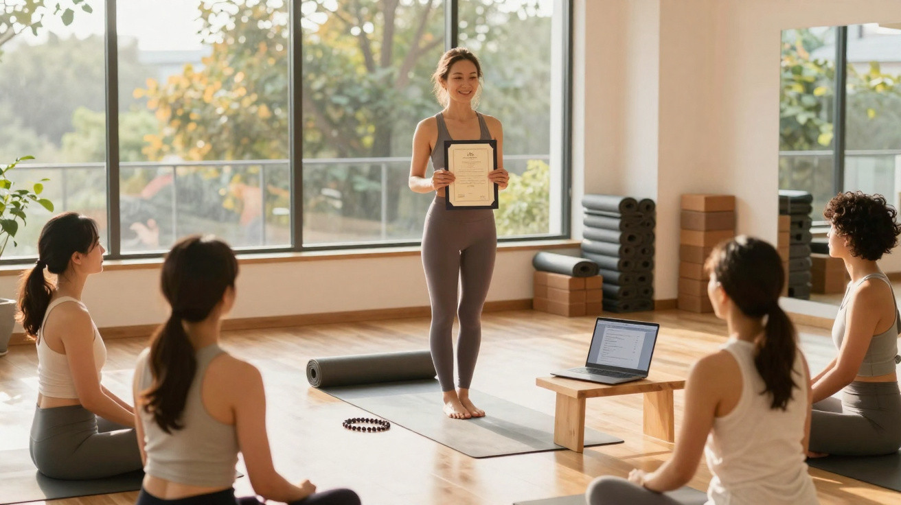 Instrutora de yoga mostrando certificado para alunos sentados em estúdio iluminado pela manhã.