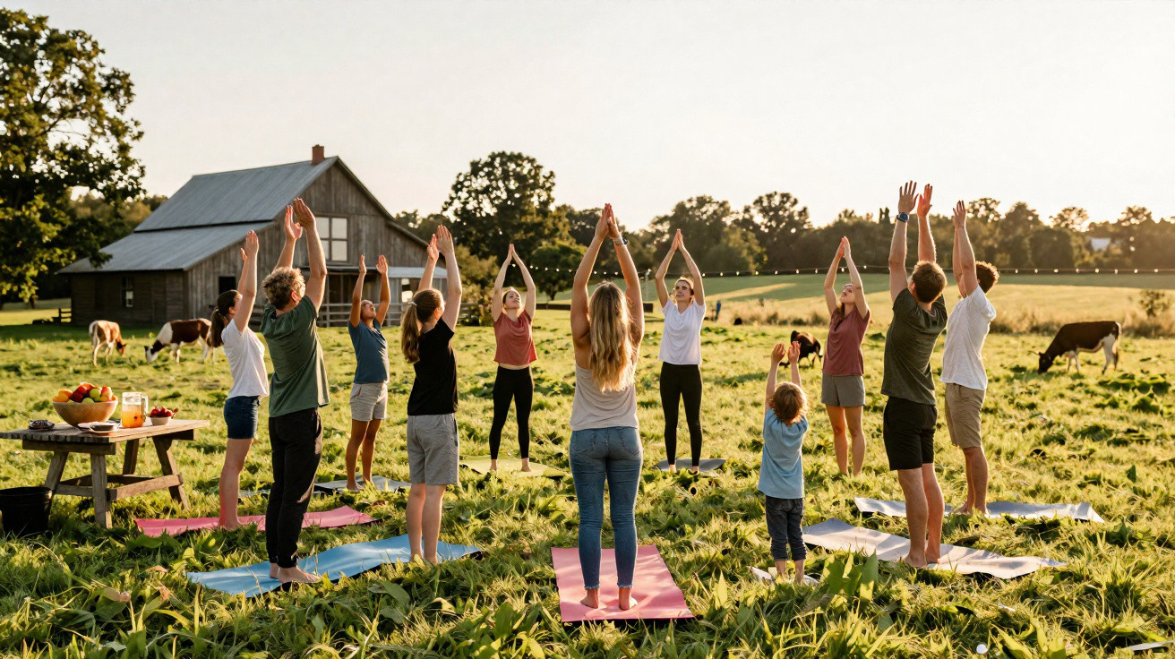 Grupo de pessoas praticando yoga ao ar livre em um campo com animais e casa ao fundo.