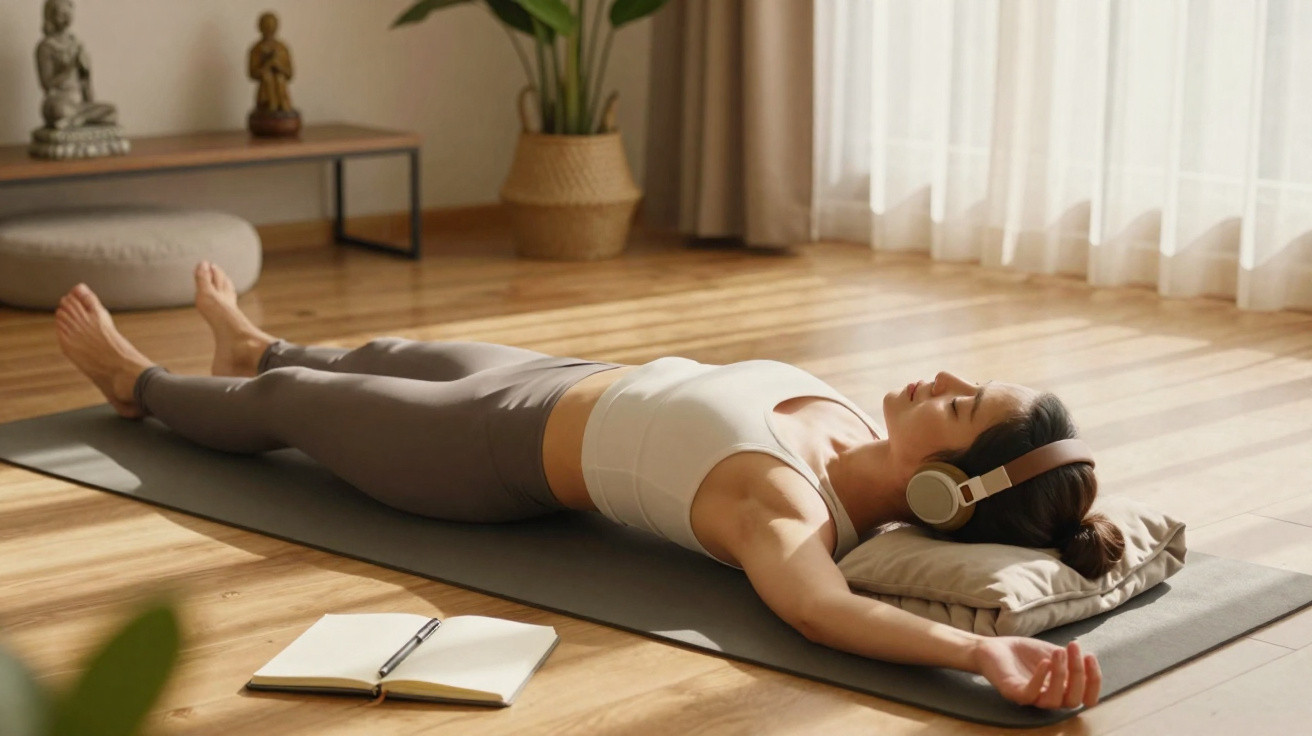 Mulher deitada em tapete de yoga num ambiente iluminado, ouvindo música com fones e caderno aberto ao lado.