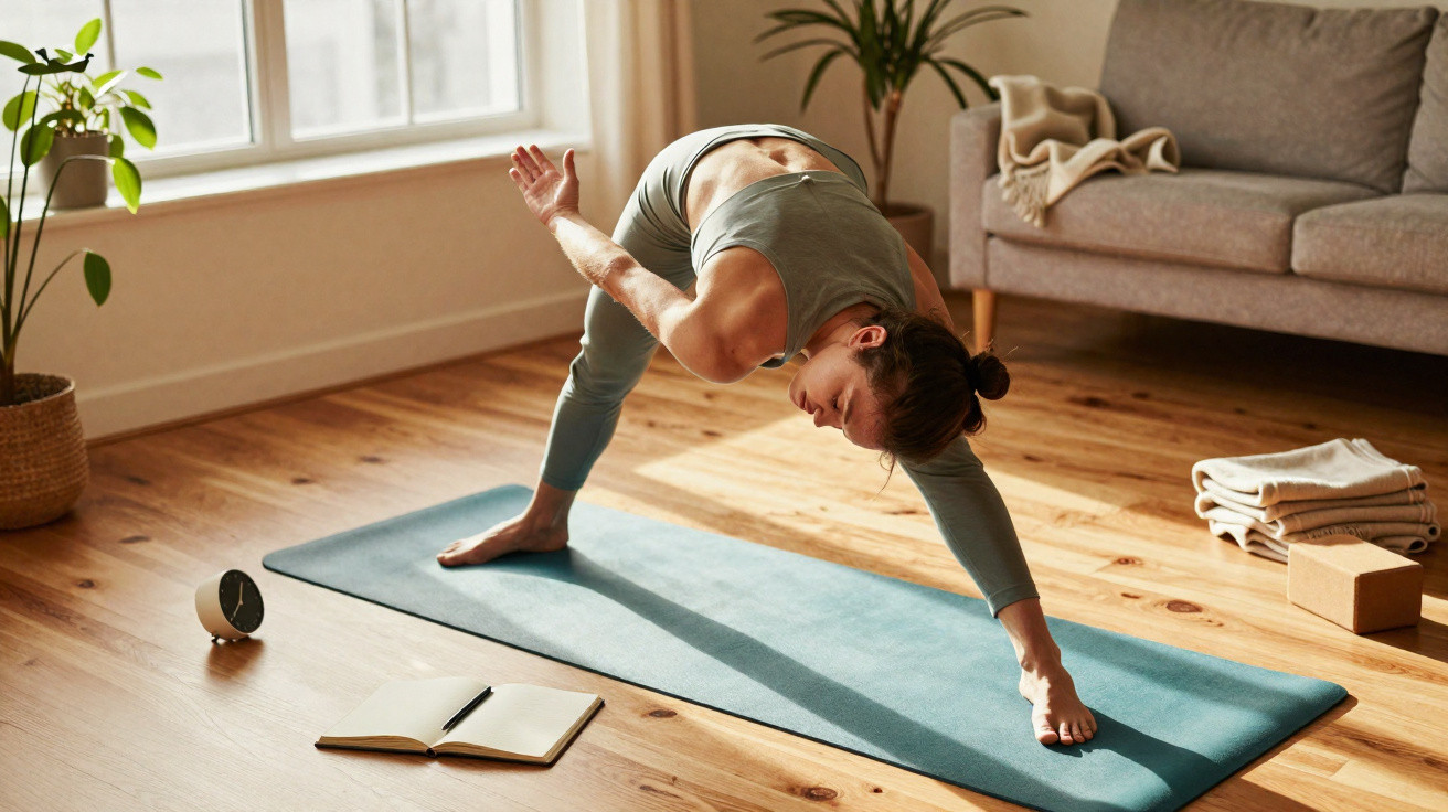 Mulher praticando yoga em casa sobre tapete azul, perto de sofá, planta e livro aberto no chão.