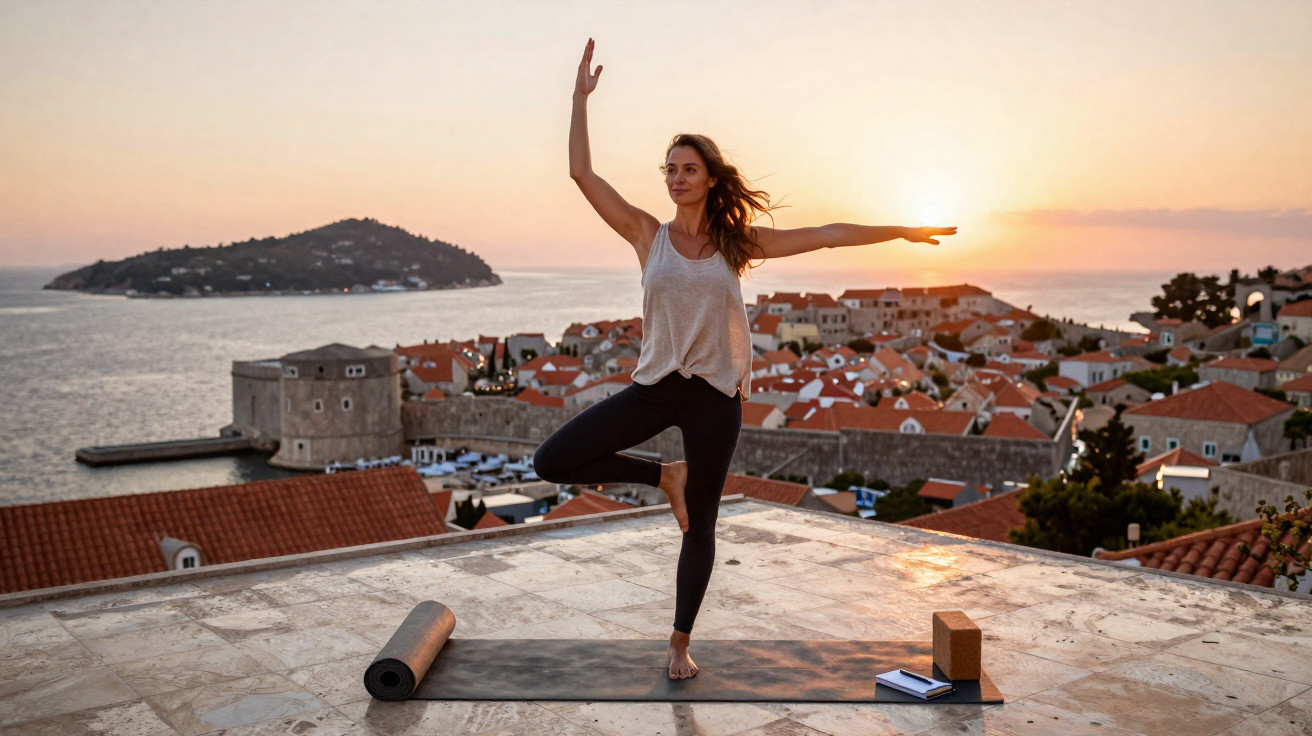 Mulher praticando yoga em posição de árvore ao pôr do sol com vista para cidade costeira e mar.
