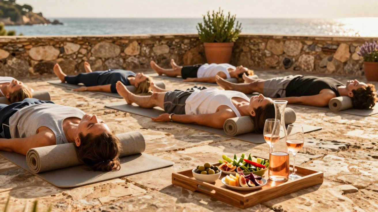 Grupo de pessoas fazendo meditação ao ar livre em tapetes com vista para o mar e petiscos ao fundo.