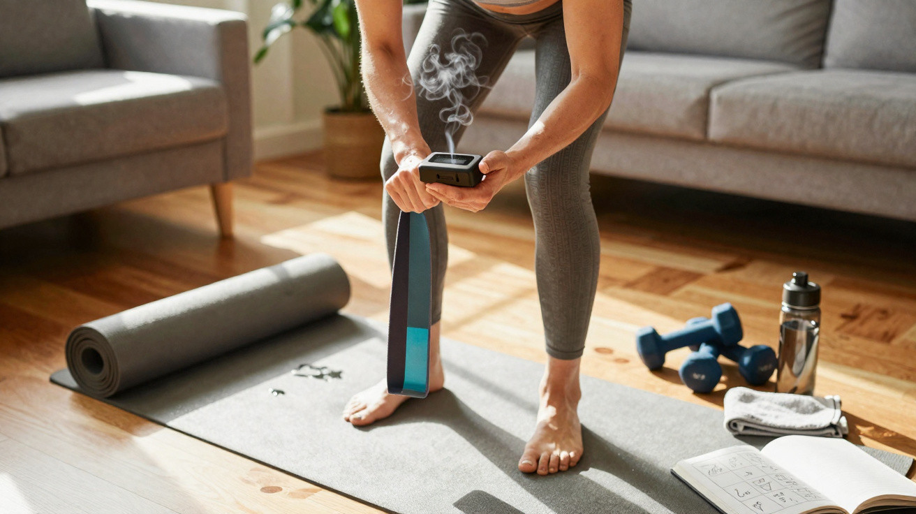 Pessoa praticando exercícios com faixa elástica em tapete, com halteres, toalha e garrafa ao lado.