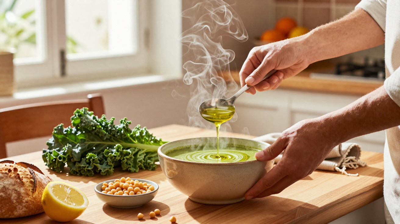 Mãos servindo azeite em sopa verde fumegante, com couve, pão, limão e grãos em bancada de madeira.