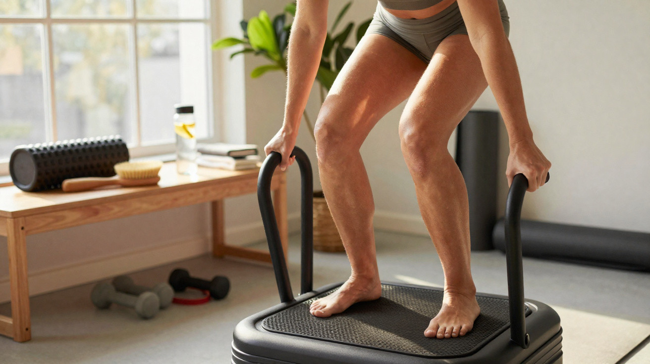 Pessoa descalça em roupa de ginástica usando plataforma vibratória para exercício em ambiente interno.