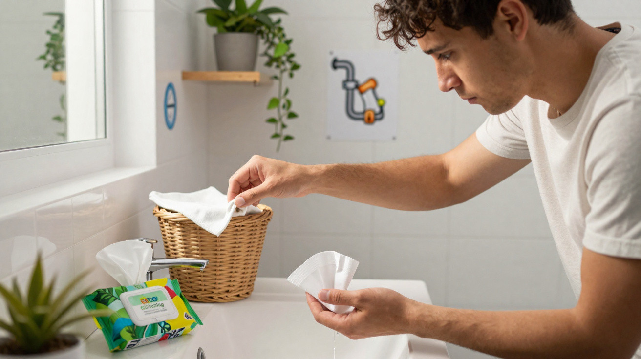 Jovem secando as mãos com papel toalha ao lado de pia em banheiro com plantas e cesto de vime.