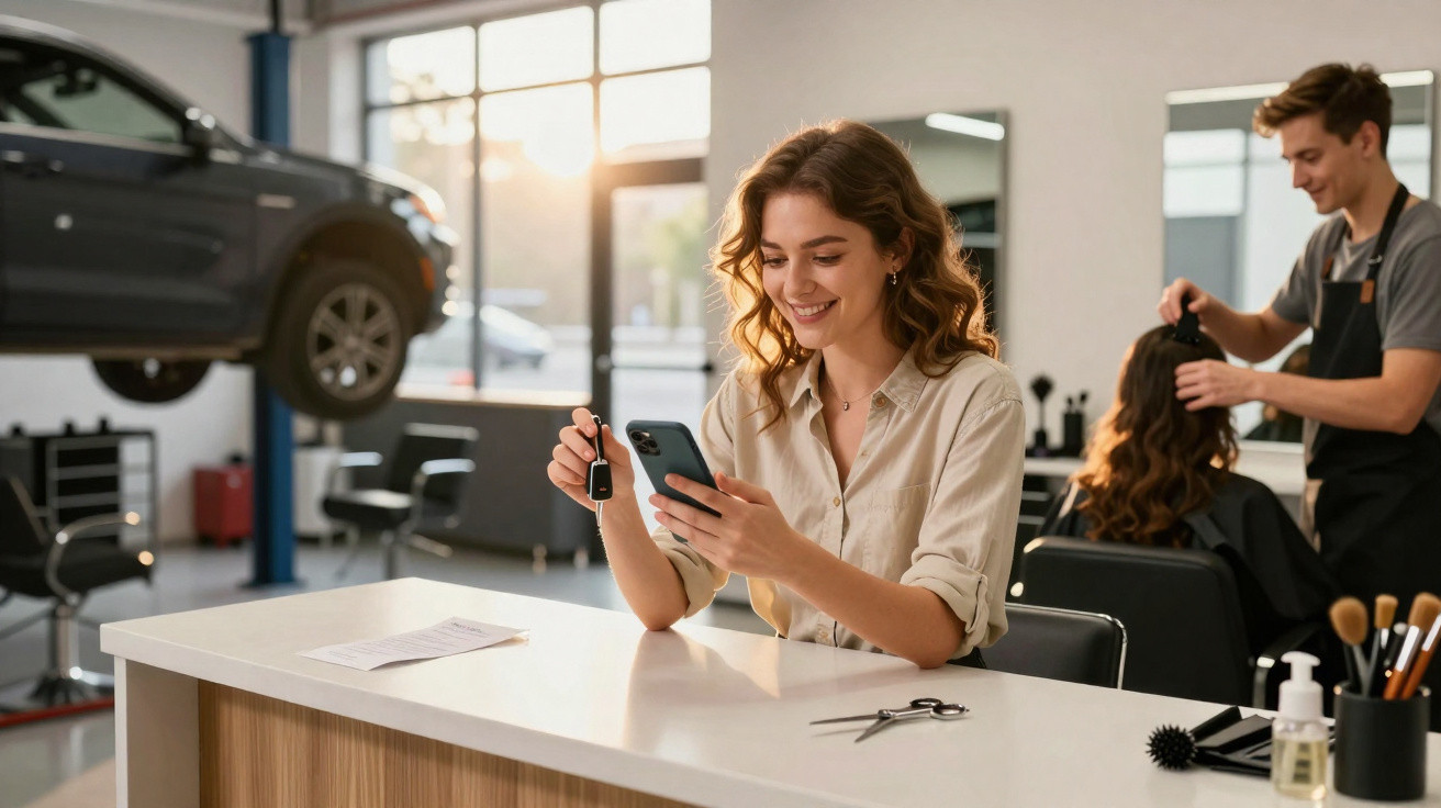 Mulher sorrindo recebe chave de carro enquanto homem faz penteado em salão de beleza.