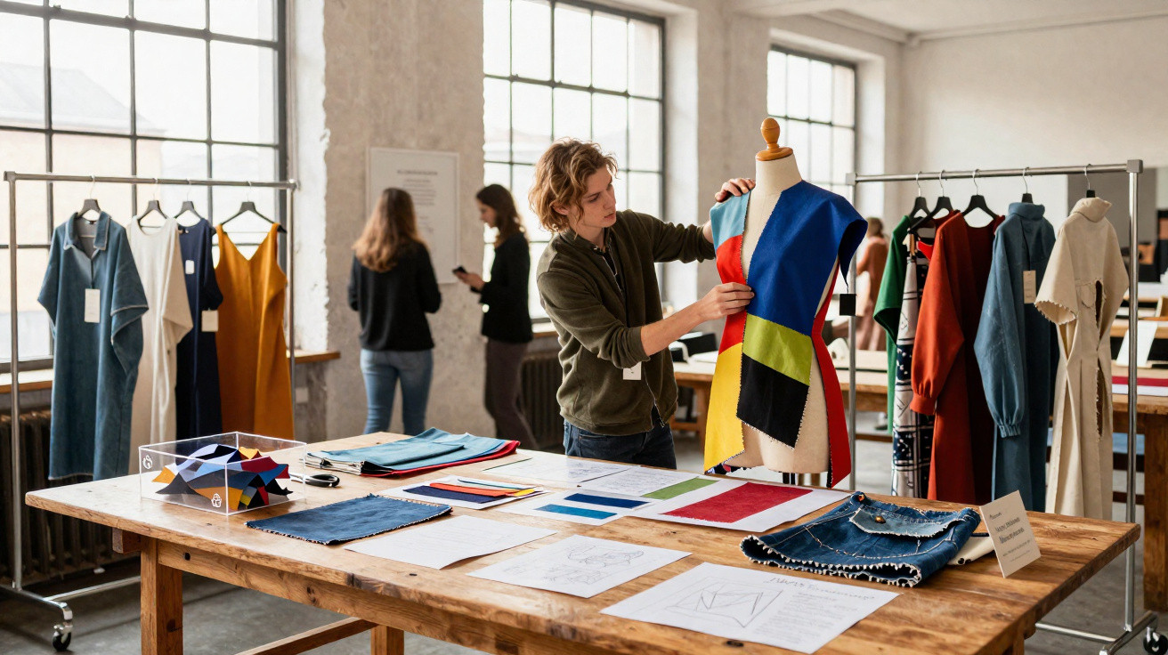 Pessoa ajusta peça de roupa colorida em manequim em ateliê de moda com tecidos e croquis sobre mesa de madeira.