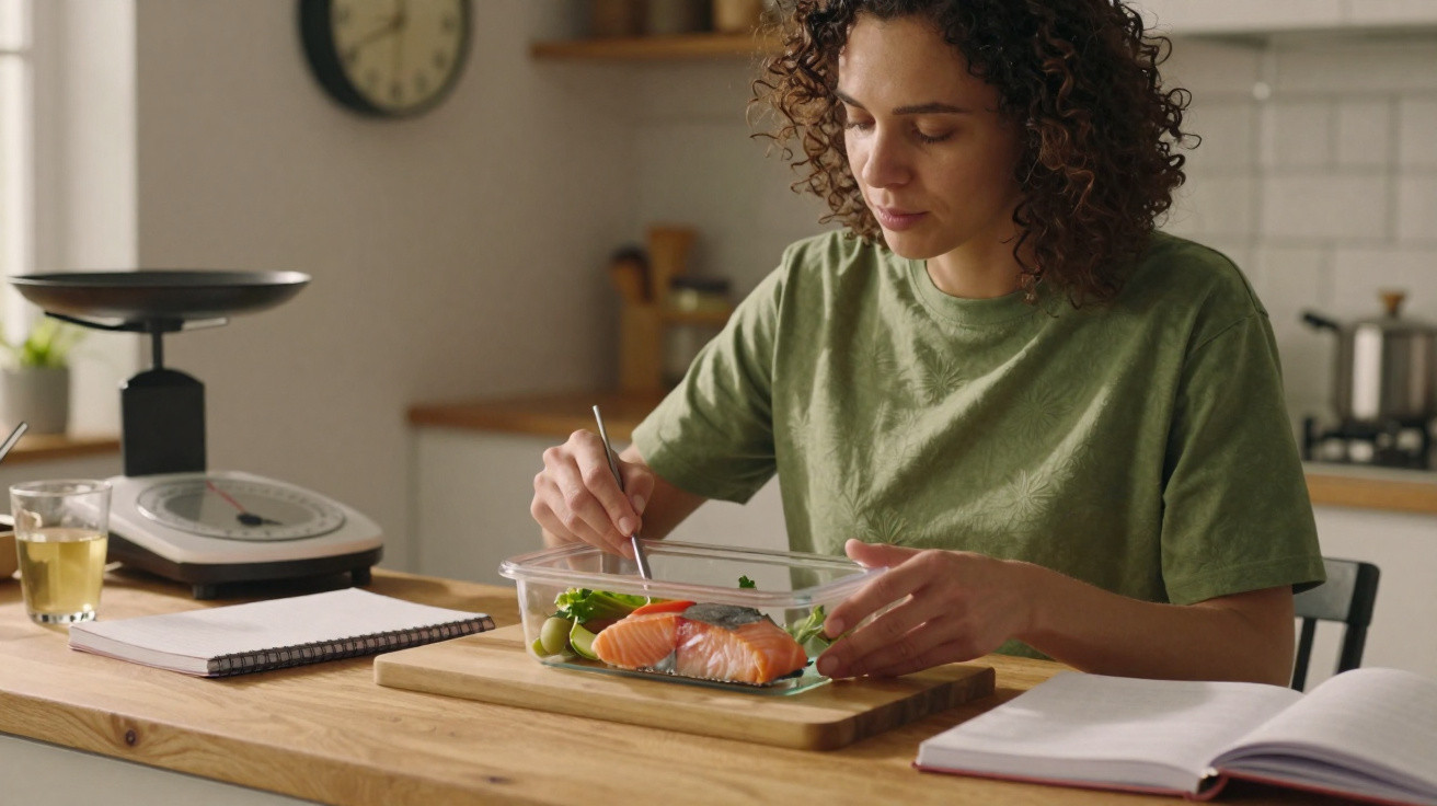 Mulher sentada à mesa preparando salada com salmão em recipiente transparente na cozinha.