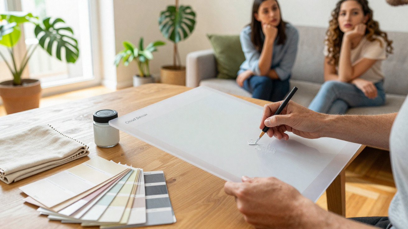 Pessoa desenhando em prancha de design com amostras de cores em mesa e duas mulheres observando no sofá.