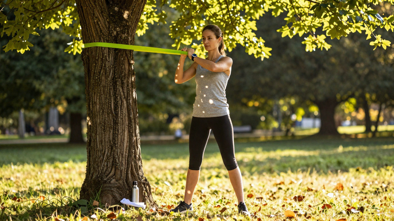 Mulher fazendo exercício com faixa elástica amarrada em árvore em parque ensolarado.