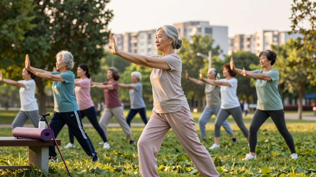 Grupo de mulheres idosas praticando tai chi ao ar livre em parque urbano.