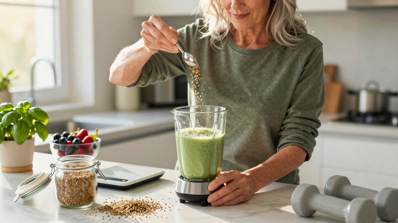 Mulher adiciona sementes em smoothie verde em liquidificador em cozinha moderna.