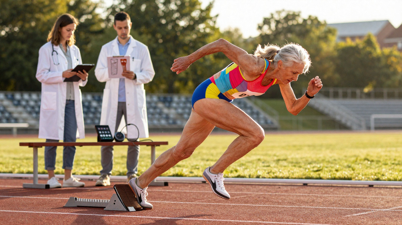Mulher idosa em roupa de atletismo inicia corrida em pista enquanto dois médicos a observam ao fundo.