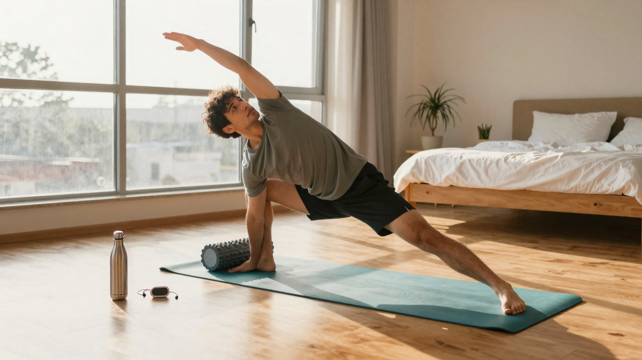 Homem fazendo alongamento em tapete de yoga em quarto iluminado com janela grande.