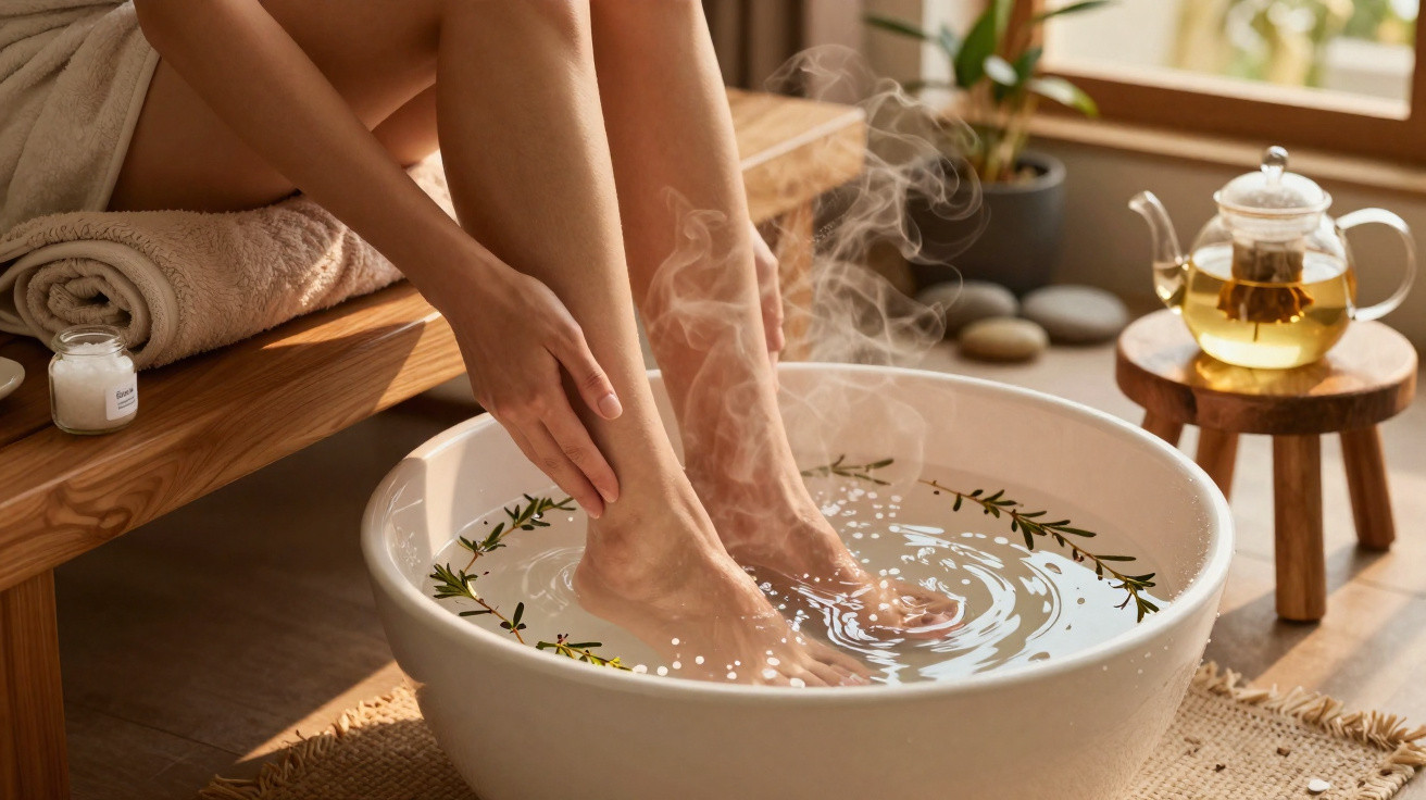 Pessoa relaxando com os pés em bacia de água quente com vapor, em ambiente aconchegante e iluminado.