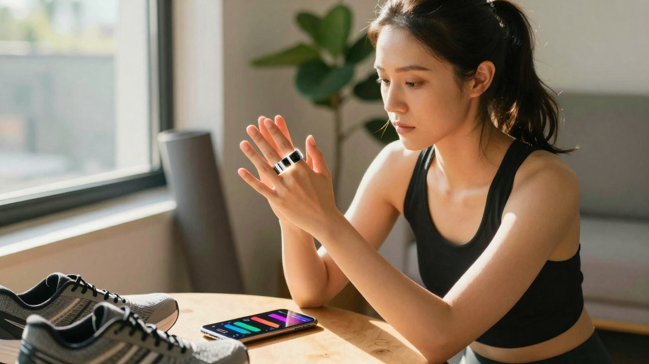 Mulher em roupas esportivas olhando para anel de fitness com tênis e celular na mesa perto da janela.