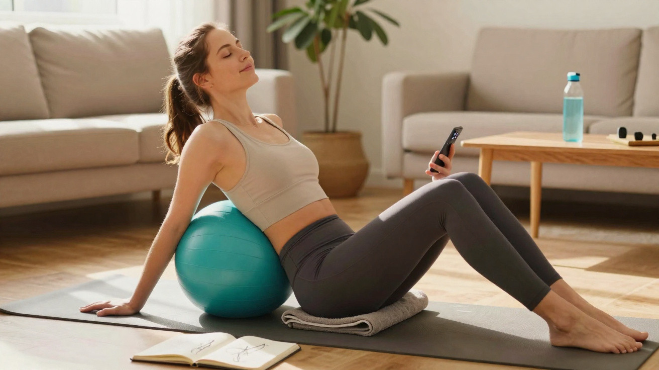 Mulher relaxando em bola de pilates, com celular na mão, em sala de estar iluminada e aconchegante.
