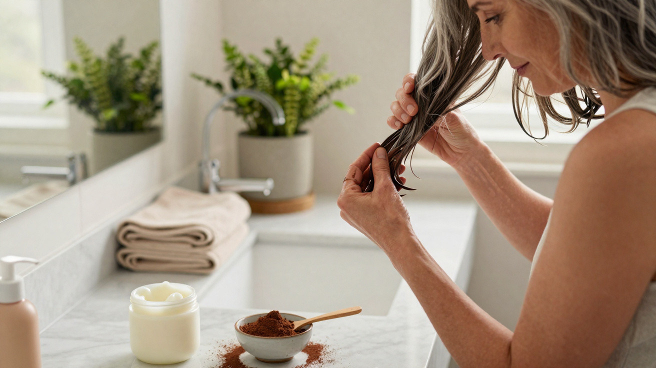 Mulher aplicando máscara de cabelo em banheiro com tigela de pó marrom e creme branco sobre a pia.