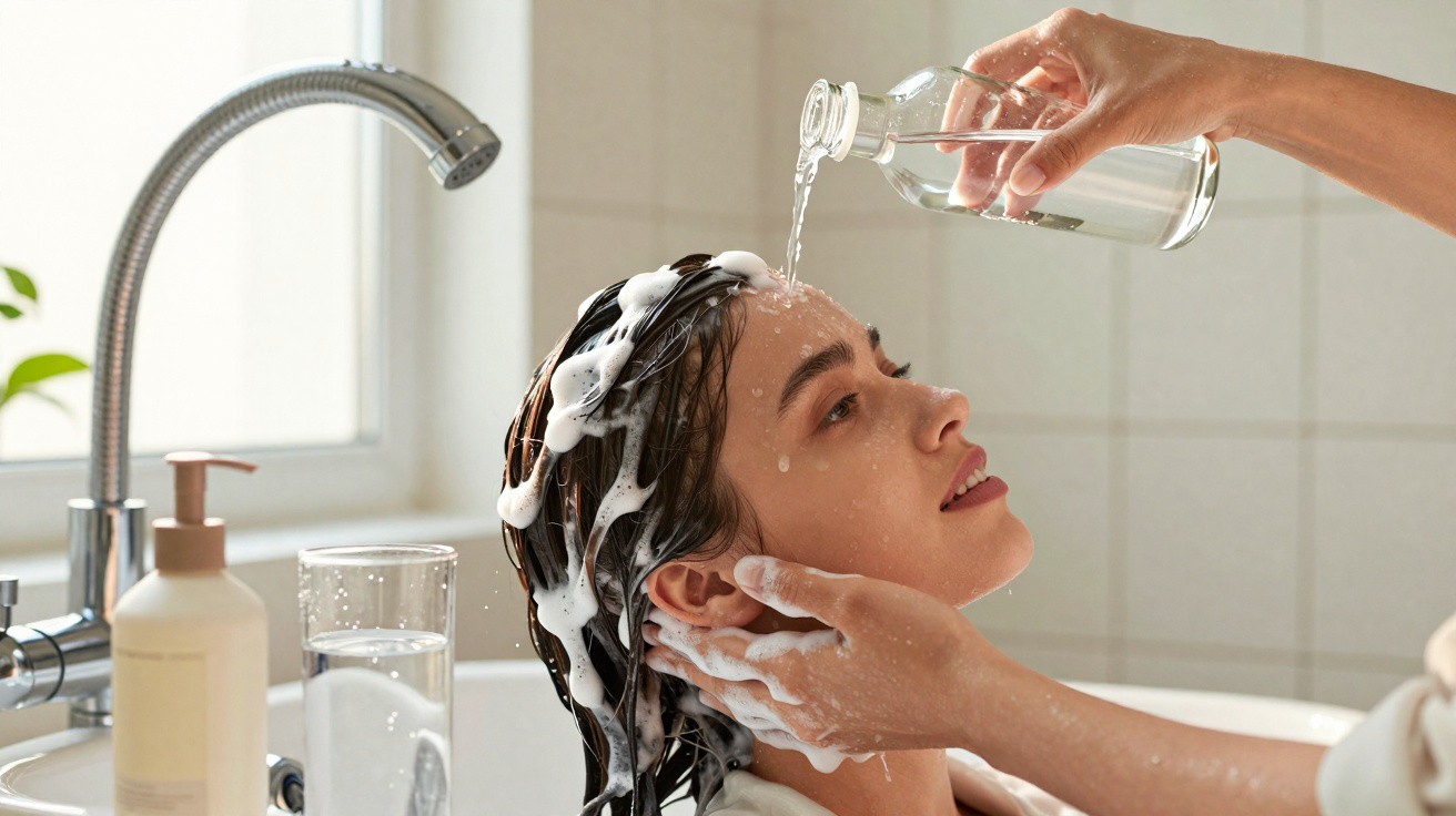 Pessoa lavando o cabelo com espuma enquanto outra despeja água de vidro sobre a cabeça em banheiro.