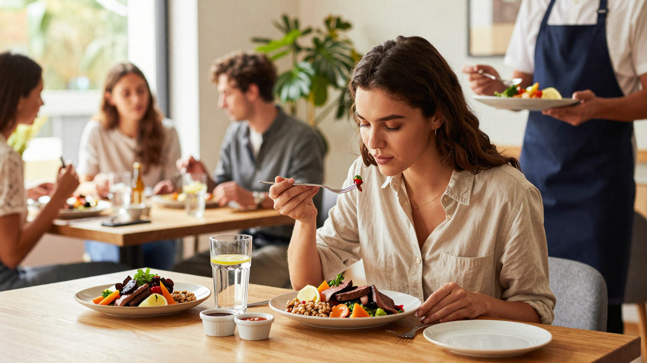 Mulher comendo salada em restaurante, com outras pessoas e garçom ao fundo.