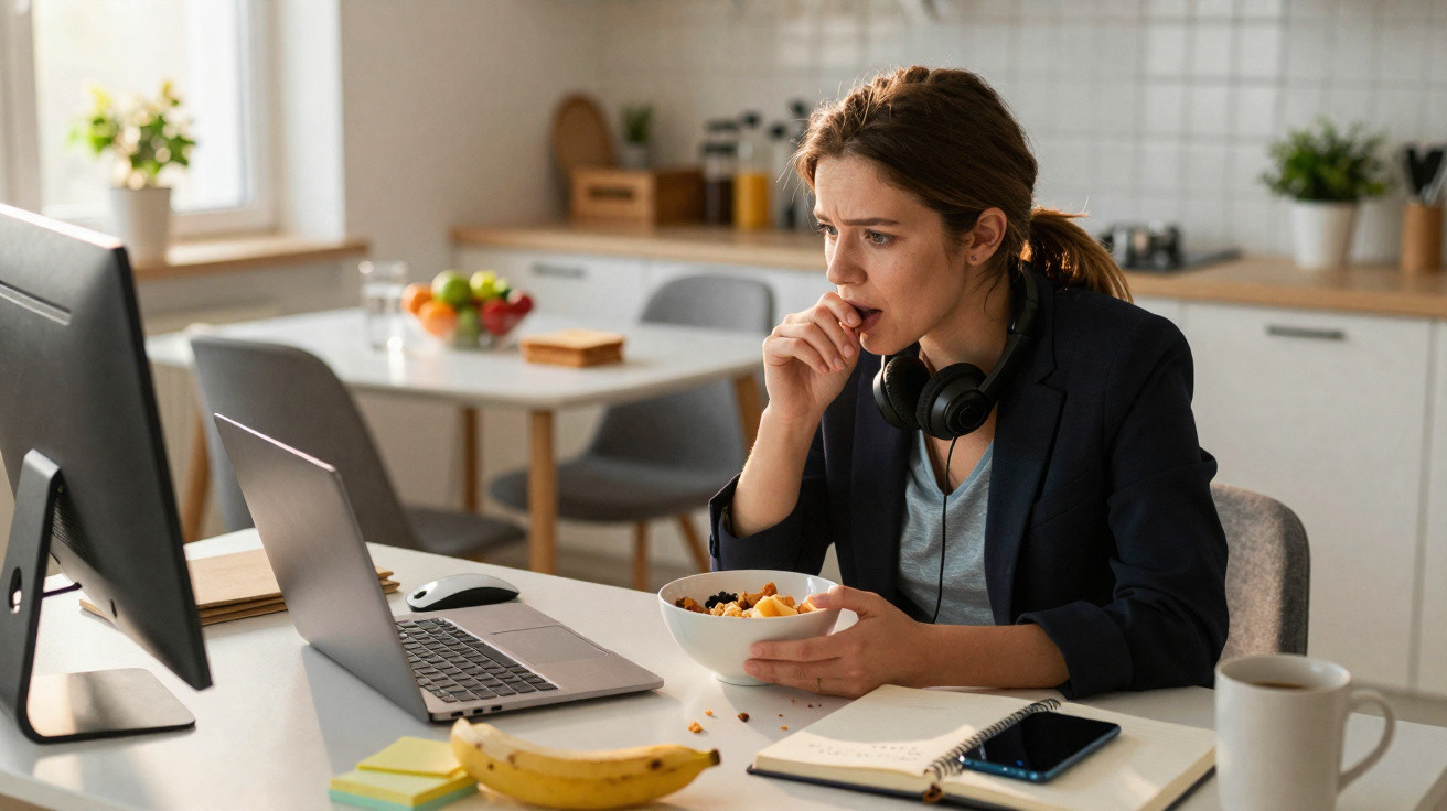 Mulher trabalhando em home office, com fones no pescoço, comendo frutas e olhando preocupada para o computador.
