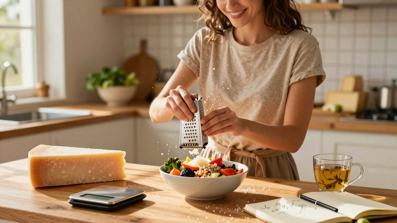 Mulher rala queijo em salada em cozinha iluminada, com chá e caderno na bancada de madeira.