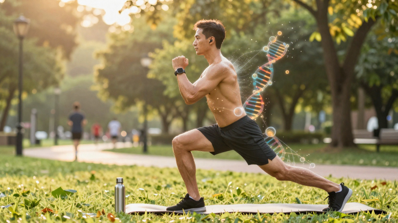 Homem fazendo alongamento ao ar livre com representação gráfica de DNA indicando saúde e genética.