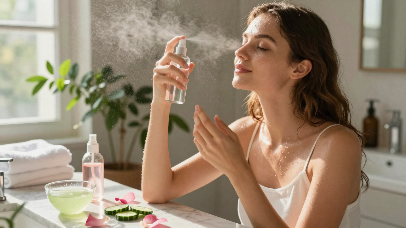 Mulher borrifando spray facial com olhos fechados, em banheiro iluminado e com toalhas brancas.