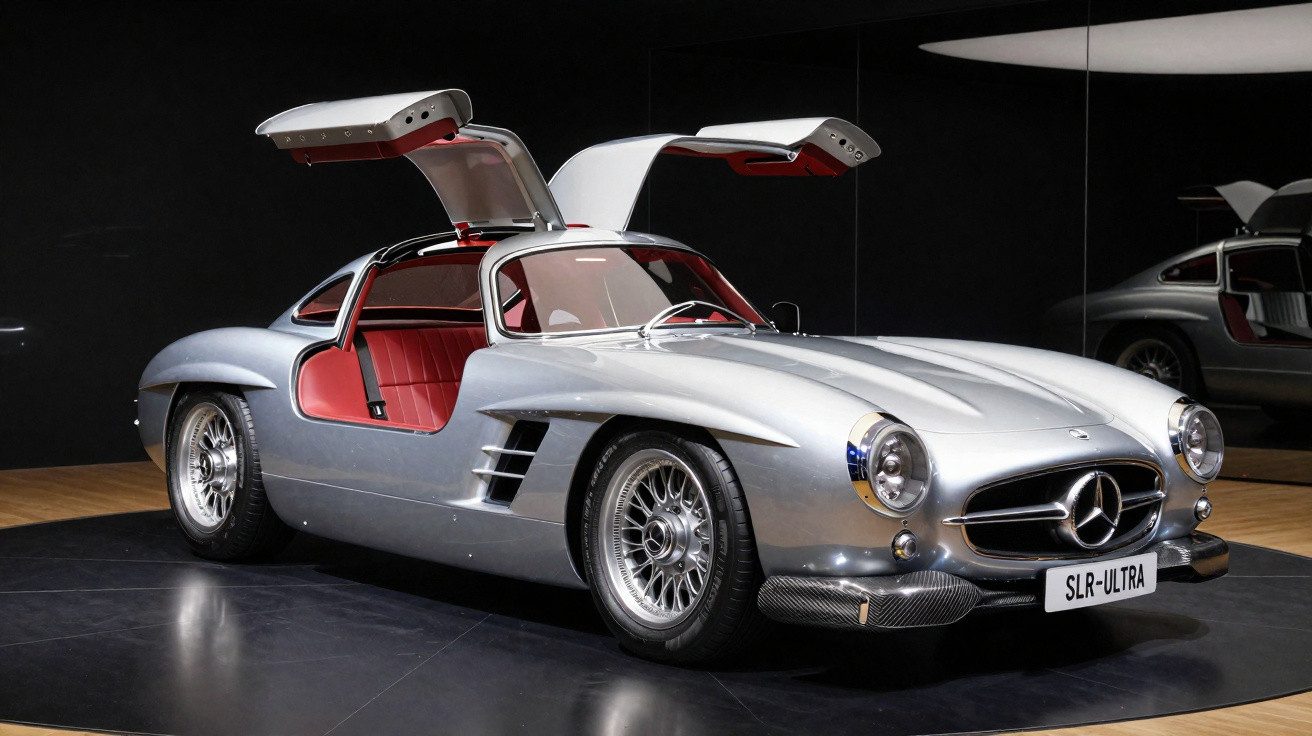 Carro esportivo clássico prata Mercedes-Benz com portas asa de gaivota abertas e interior vermelho.